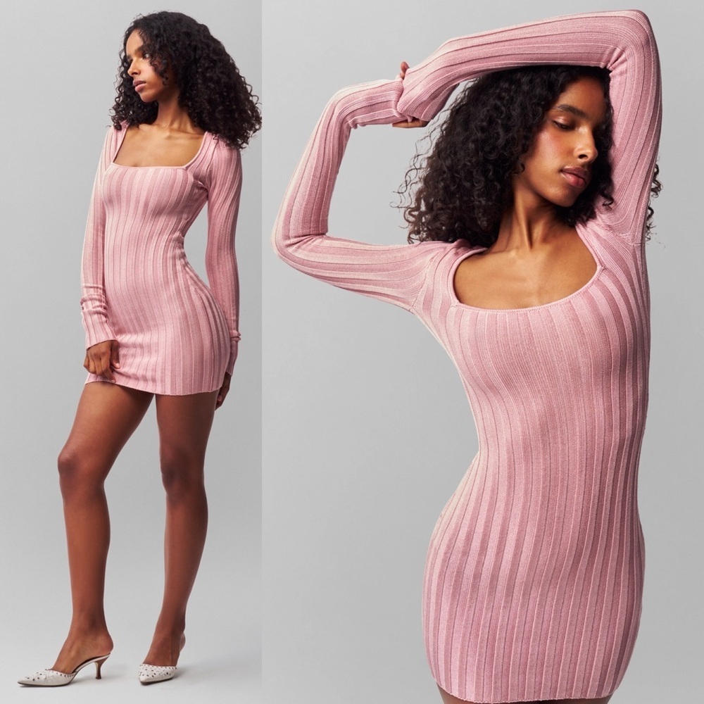 NEW! Guizio- Slinky Rib Mini Dress Cotton Candy Pink Size Large Square Neck